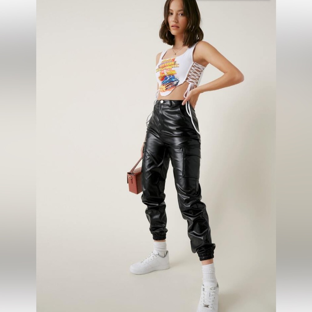 high waisted faux leather cargo pants